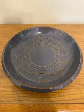 Decorative Blue/Gray Ceramic pie plate with Embossed Scroll Design